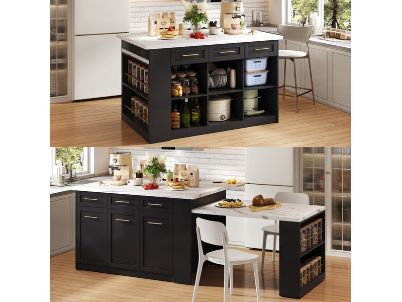  Îlot de cuisine modenvie avec table extensible 150 x 90 x 90 cm mdf noir et blanc marbré  - Conforama E