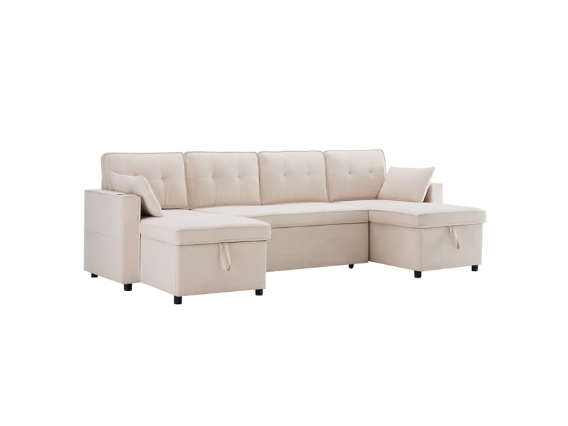  Canapé convertible en u 45 places 270x130 cm, canapé-lit en tissu aspect lin avec rangements, porte-gobelets, 2 coussins - beige  - Conforama A