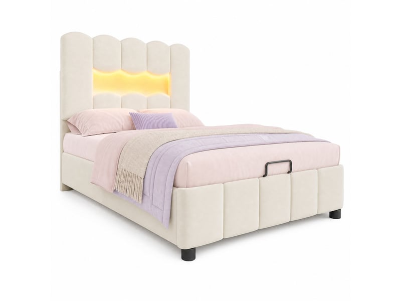 Lit coffre 90x200 cm rangement hydraulique, éclairage multicolore en velours et mdf beige  - Conforama A