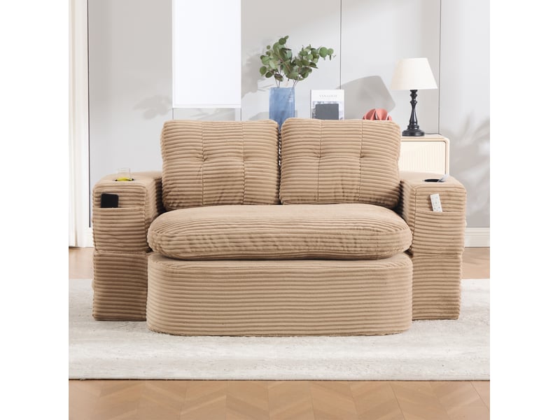  Canapé convertible 2 places avec fonction allongée, porte-gobelets et poches en velours côtelé kaki  - Conforama B