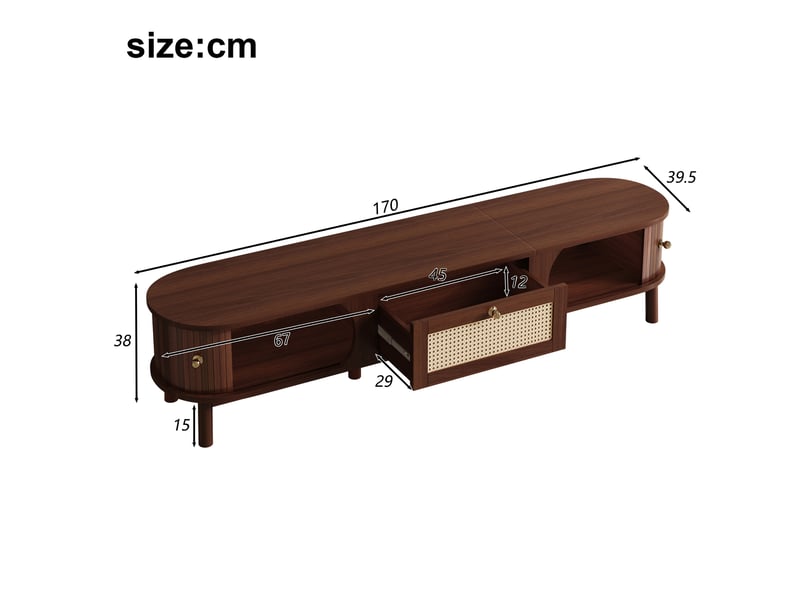  Meuble tv bas portes coulissantes 170x39.5x38cm rangement | style bohème bois massif et cannage en rotin | charge 50kg pieds bois - bois naturel  - Conforama E
