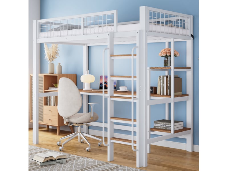  Lit mezzanine 90x200 cm avec bureau et étagères en métal et bois blanc et naturel  - Conforama D