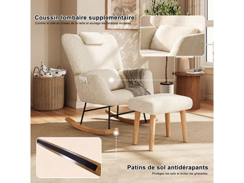 Fauteuil à bascule avec repose-pieds - 75x75x92.5cm - chaise berçante avec poches latérales et appui-tête en bouclette - beige - Conforama D