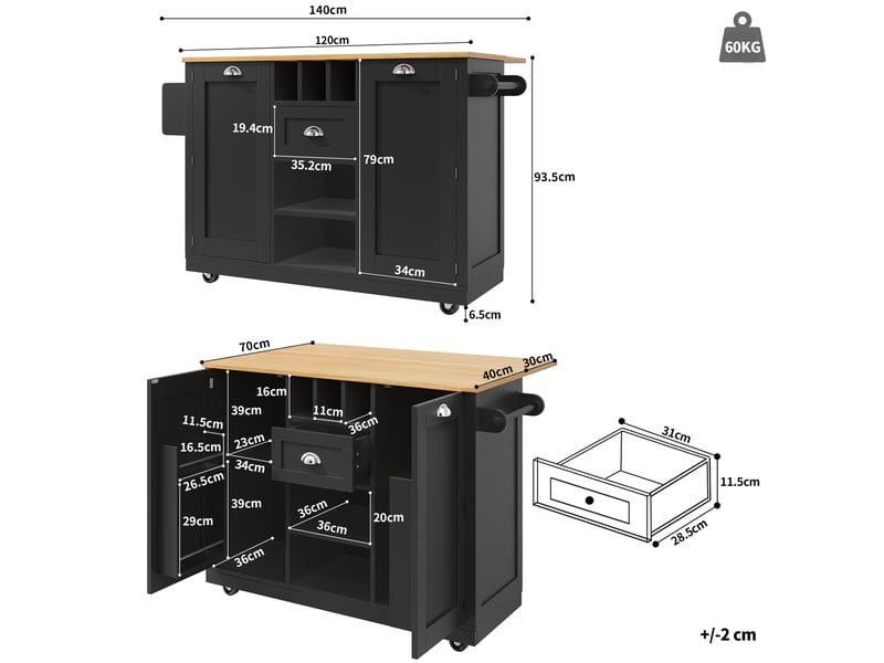 Desserte cuisine, îlot central sur roulettes avec plan de travail, plateau extensible, 1 tiroir, 2 portes, dimensions 140 x 40 x 93,5 cm, mdf, noir - Conforama C