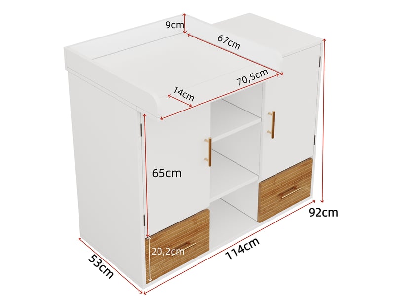 Commode à langer 114x53x92 cm, rangement 2 tiroirs, portes fermées, mdf blanc et naturel  - Conforama C