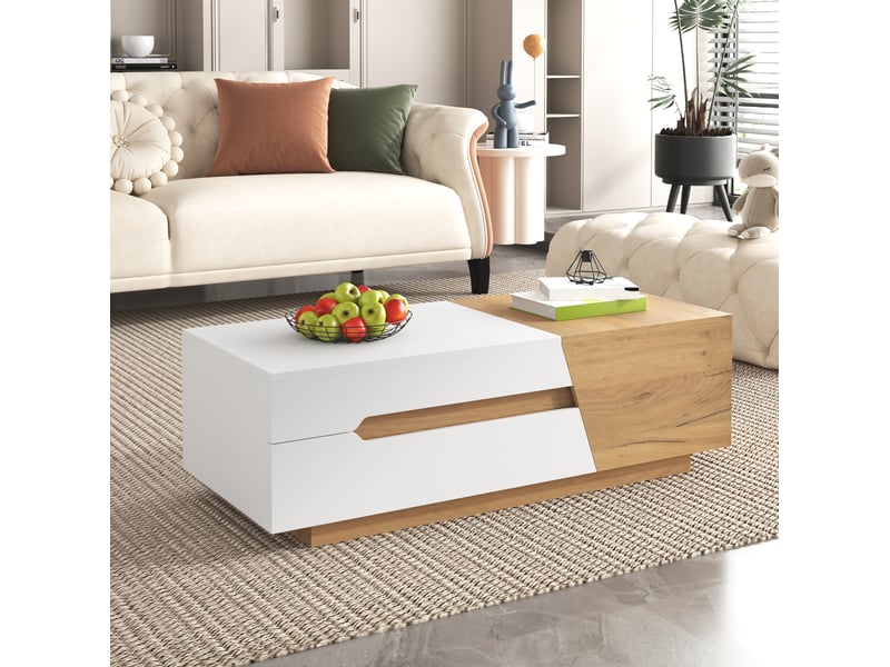  Table basse extensible 120 à 201,5 cm, 2 tiroirs et rangements, blanc et bois mdf  - Conforama E