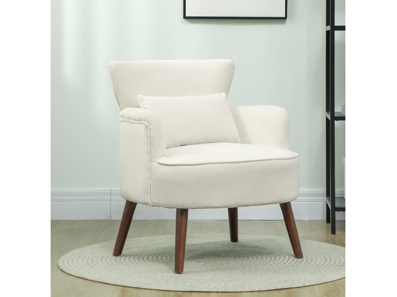  Fauteuil lounge rembourré en polyester effet côtelé, blanc crème, pieds en bois, 69 x 69,5 x 78 cm  - Conforama B