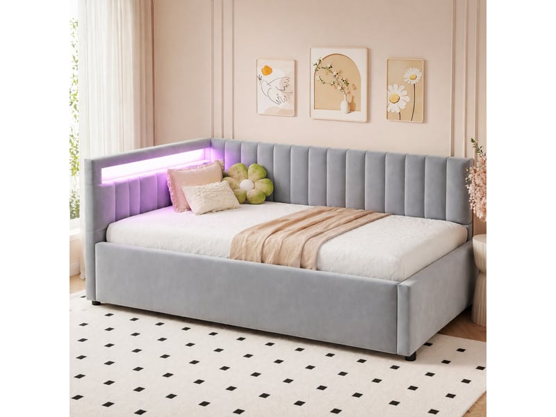  Lit banquette coffre 90x200 cm led en velours gris clair  - Conforama D