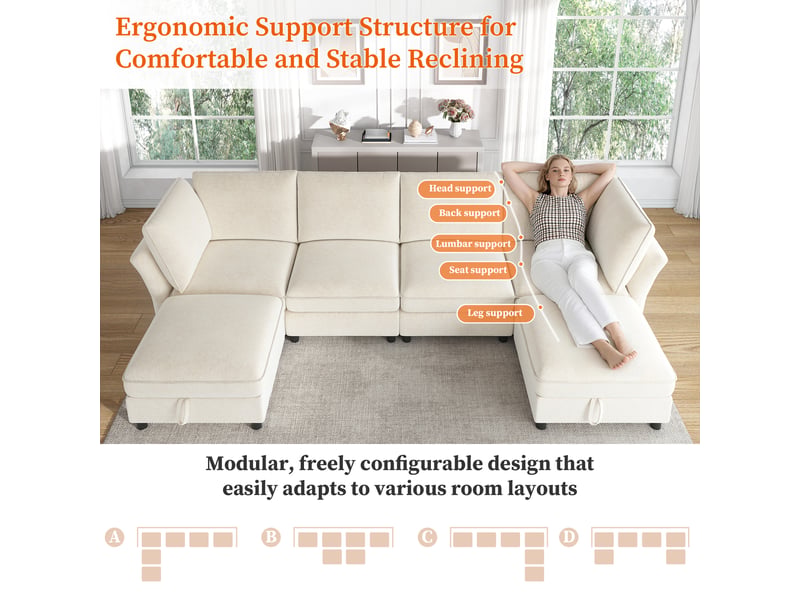  Canapé d'angle modulable en u 6 places tissu chenille beige  - Conforama B