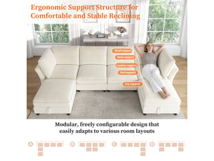 Canapé d'angle modulable en u 6 places tissu chenille beige