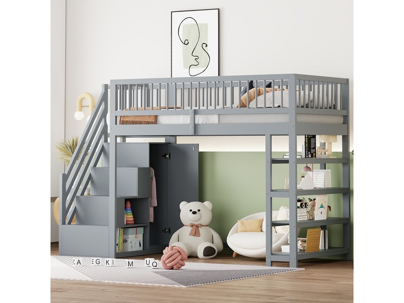  Lit mezzanine 90 x 200 en bois massif gris avec placard, étagères, échelle sécurisée et rangements  - Conforama D