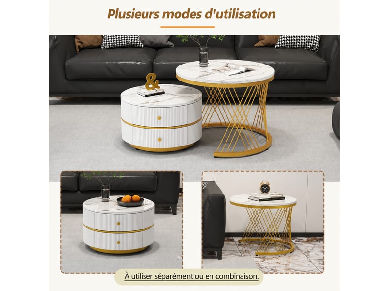  Lot de 2 tables basses gigognes rondes, 2 tiroirs, effet marbre brillant, 60 et 50 cm, salon, blanc  - Conforama D