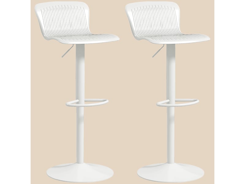  Ensemble de 2 tabourets de bar pivotants et réglables en hauteur avec dossier, en polypropylène blanc.  - Conforama B