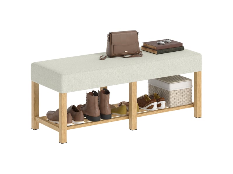  Banc à chaussures, banc de rangement avec siège rembourré, étagère ouverte, bois d'hévéa, 120x44x48cm, bois naturel  - Conforama A