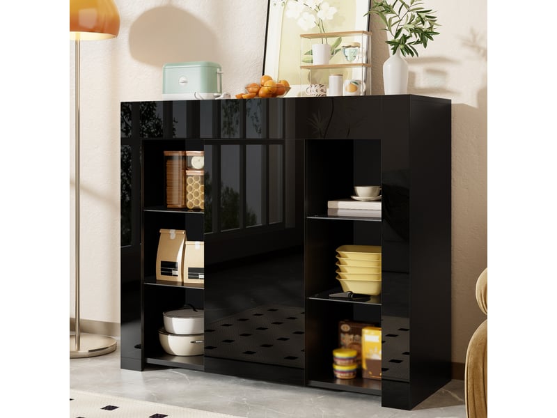  Buffet avec porte et étagères en verre pour salon 95×35×83 cm en panneaux de particules noir  - Conforama C