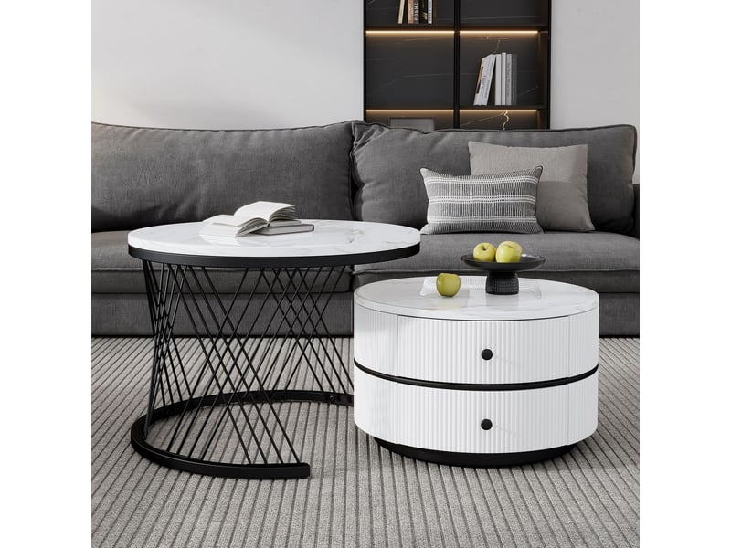  Table basse salon, plateau effet marbre brillant, rangement intégré 2 tiroirs, capacité 30 kg  - Conforama B
