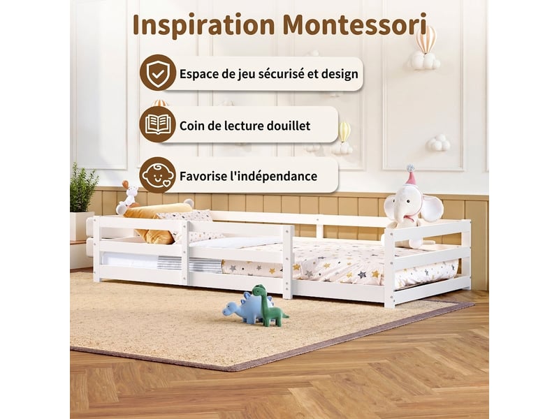  Lit montessori 90x200 cm au sol avec barrière - bois massif blanc sommier inclus  - Conforama D