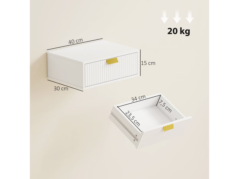  Lot de 2 tables de chevet murales, tables de nuit suspendues avec tiroir ondulé, 40 x 30 x 15 cm, blanc  - Conforama E