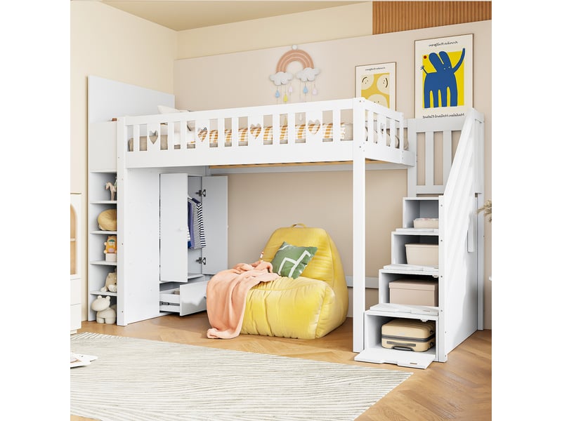 Lit mezzanine 90x200 cm - lit combiné pour enfant avec échelle, rangement intégré et espace de stockage, bois de pin - blanc - Conforama E
