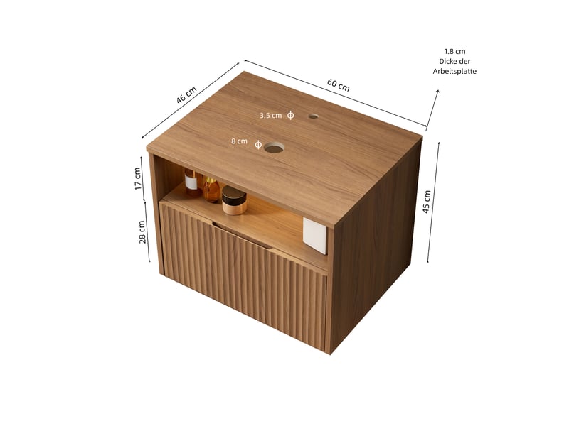  Meuble sous vasque avec 1 tiroir en bois massif et contreplaqué pour salle de bain, finition chêne brun, 69×55×54 cm  - Conforama D