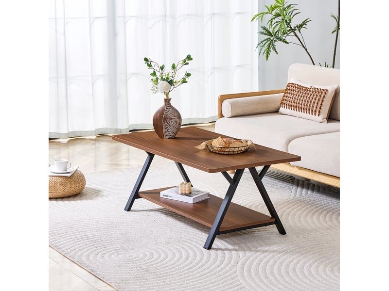  Table basse industrielle avec étagère, décor noyer et structure en métal noir, 110 x 57 x 44,5 cm  - Conforama B