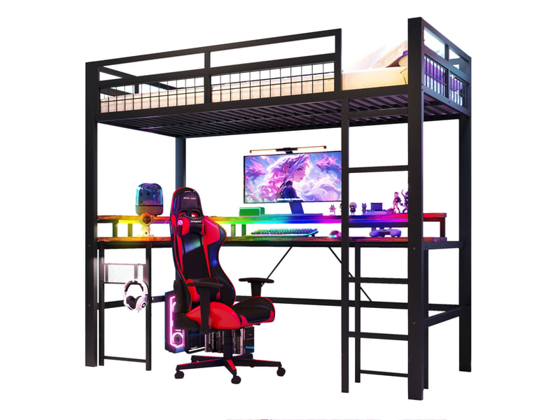 Lit mezzanine 90 x 200 cm, fer, led multicolore, bureau, 1 usb et 1 usb-c et 2 prises, panneau perforé, noir, sans matelas - Conforama A