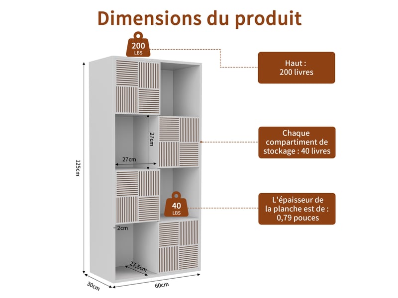  Bibliothèque 8 cases - 60x30x125cm - meuble de rangement modulaire étagères ouvertes &amp; portes cannelées - blanc  - Conforama E