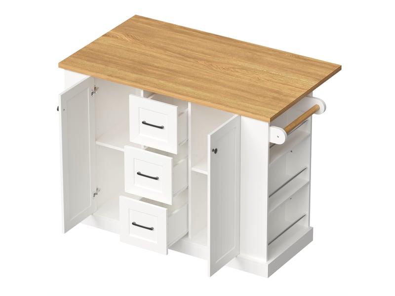 Îlot de cuisine mobile avec plateau rabattable et 2 portes 3 tiroirs 120x70x90 cm blanc - Conforama E