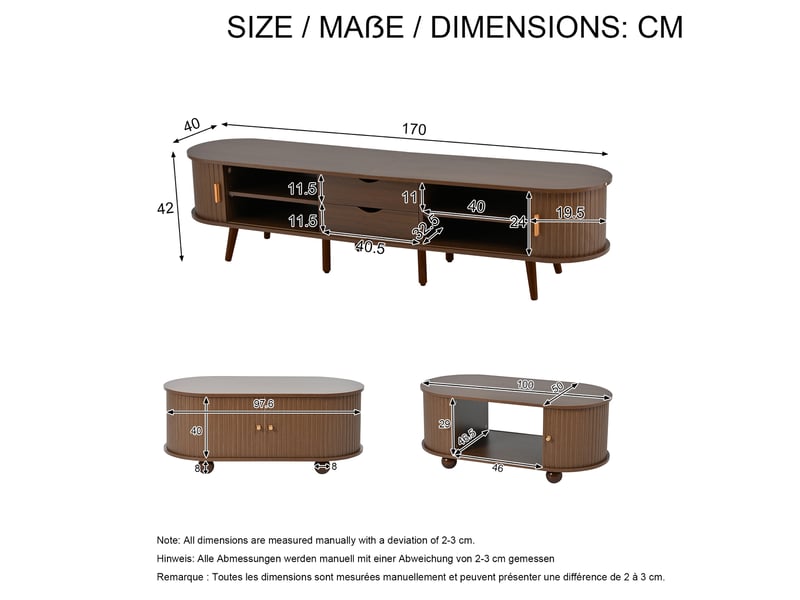  Ensemble meuble tv 170x40x42 cm et  table basse 100x50x40 cm, 2 tiroirs, portes coulissantes, mdf, noyer foncé  - Conforama C