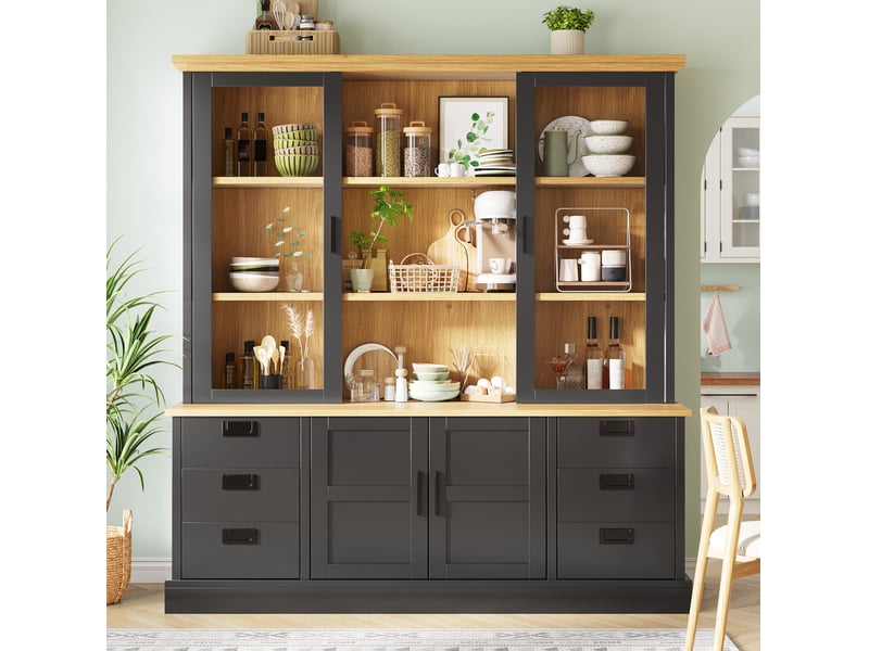 Buffet de cuisine à 6 tiroirs et portes vitrées, mdf, noir et effet bois - Conforama D