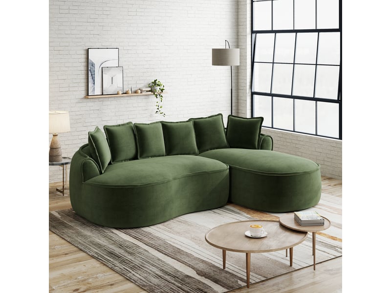 Canapé d'angle modulable avec assise profonde, soutien ergonomique et coussins, en chenille vert - Conforama B