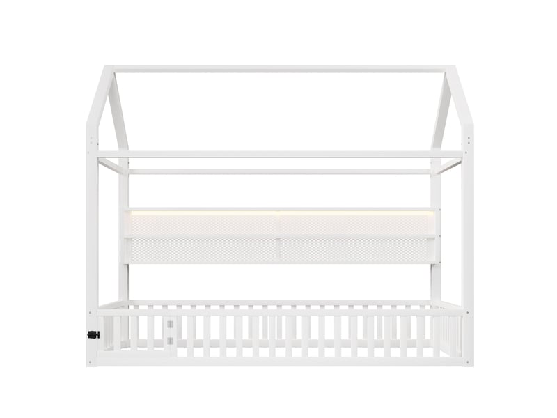  Lit plateforme en forme de maison 90x200 avec barrière et éclairage led, blanc  - Conforama E