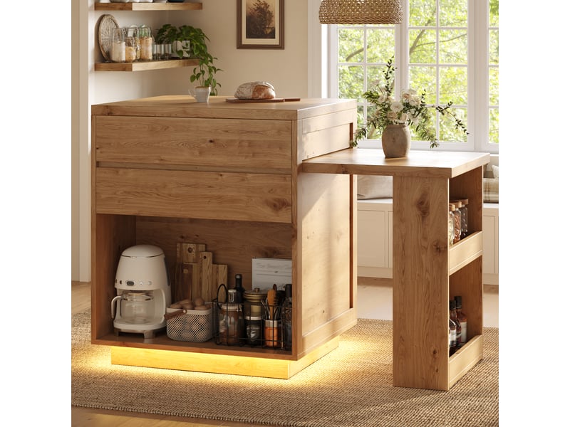  Îlot de cuisine extensible 122 à 194,5 cm, 4 tiroirs, éclairage led rgb, coloris naturel  - Conforama E