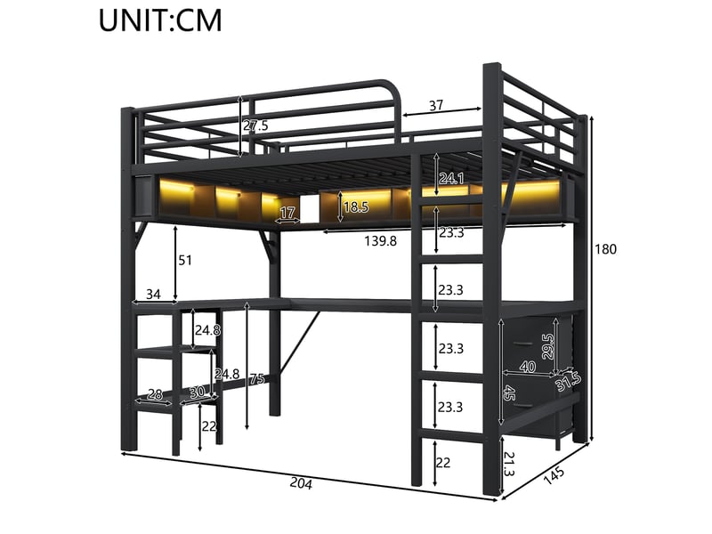 Lit mezzanine gamer 140 x 200 cm, métal, bibliothèque, bureau, armoire, usb, led, noir - Conforama D