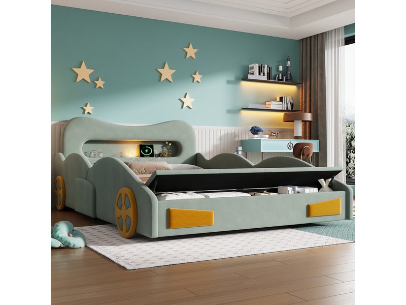  Lit rembourré pour enfants 140x200cm - design automobile - avec liseuses, ports de charge et espaces de rangement - tissu velours - vert (sans matelas)  - Conforama R