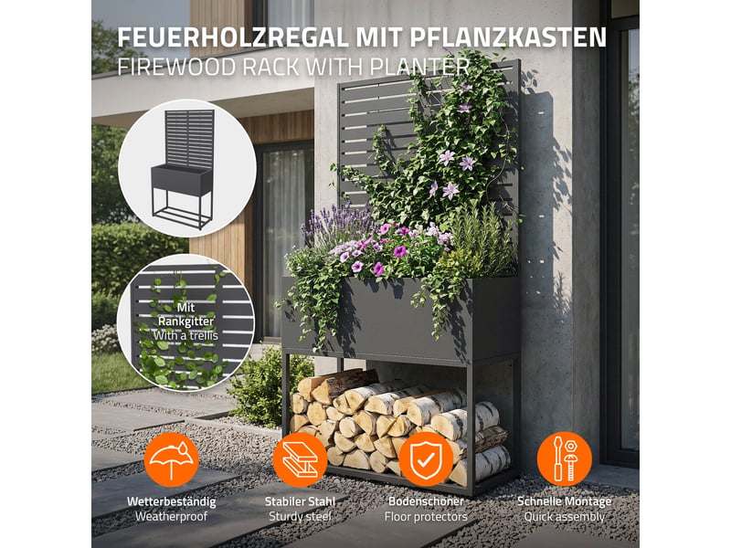  Ml-design range-bûches avec jardinière haute et treillis, acier galvanisé résistant aux intempéries, support de stockage bois de chauffage cheminée, bac avec drainage, anthracite, 90 x 40 x 170 cm ECD Germany GmbH - Conforama B
