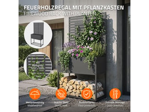 Ml-design range-bûches avec jardinière haute et treillis, acier galvanisé résistant aux intempéries, support de stockage bois de chauffage cheminée, bac avec drainage, anthracite, 90 x 40 x 170 cm