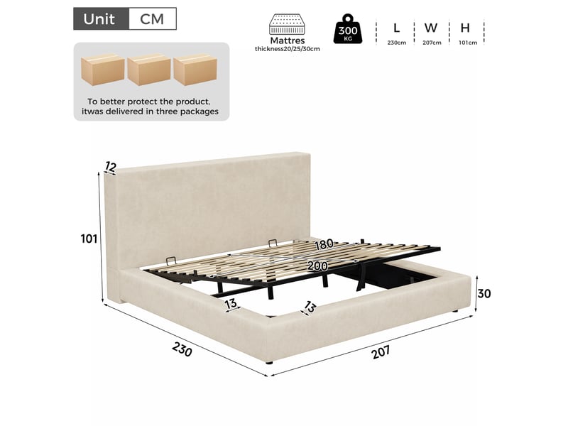  Lit coffre 180 × 200 cm avec sommier à lattes et ouverture hydraulique, tête de lit rembourrée en chenille beige  - Conforama C