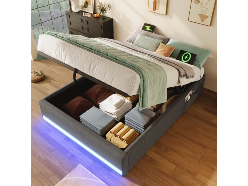  Lit rembourré, 90 x 200 cm, bande led, ports usb et type-c, petites poches de rangement, sans tête de lit, système de rangement hydraulique, matelas non inclus, gris  - Conforama B