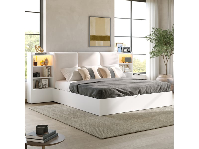  Lit coffre 180 x 200 cm avec tête de lit rembourrée, led et 6 niches, blanc  - Conforama B