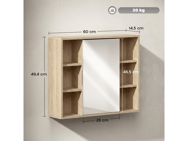  Meuble salle de bain avec miroir, placard à portes et 6 compartiments ouverts, 60 x 14,5 x 49,4 cm, bois naturel  - Conforama C