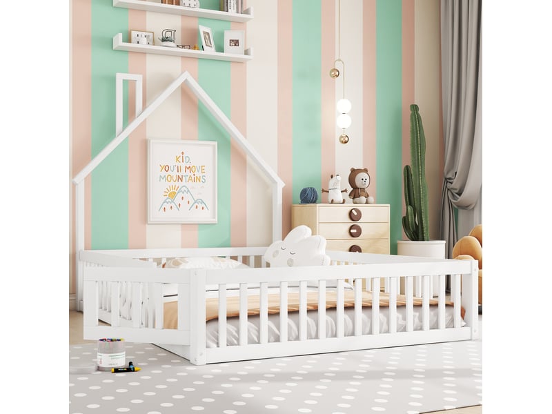  Lit enfant 140x200 cm forme maison avec cheminée et barrières blanc  - Conforama D