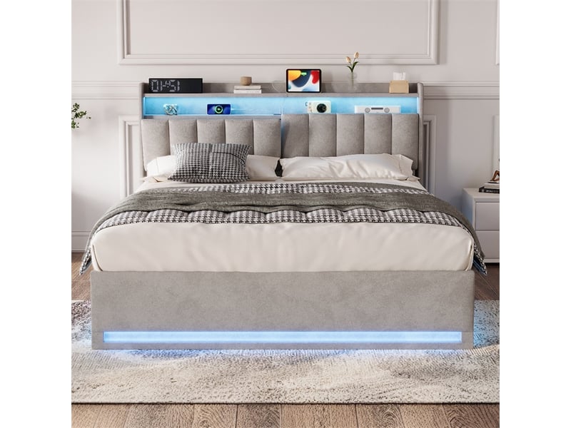  Lit 140x190cm - lit coffre 140x190cm - lit hydraulique avec tête de lit à rangement, led rgb, ports usb et type-c - velours gris  - Conforama C