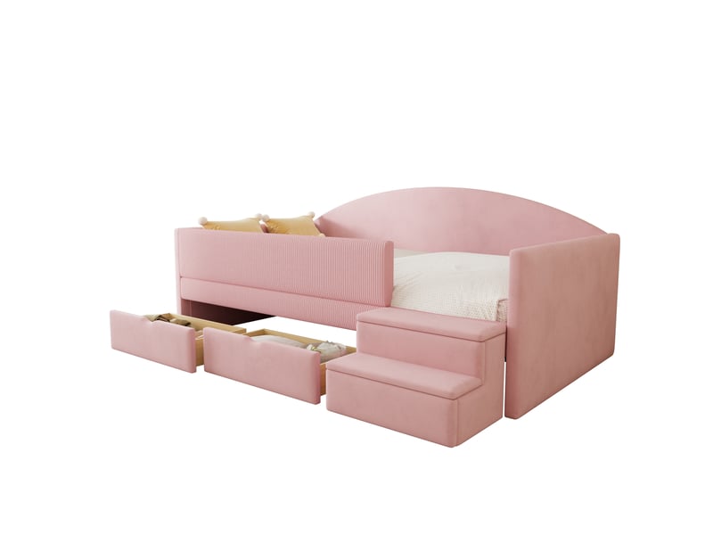  Lit enfant 90x190 cm rose en velours avec 2 tiroirs, marches antidérapantes et barrière rembourrée  - Conforama A