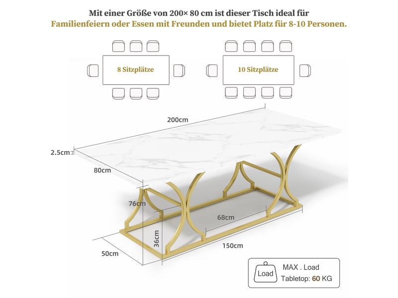Table style contemporain à manger 200x80 cm pour 8-10 personnes design marbre style contemporain - Conforama C