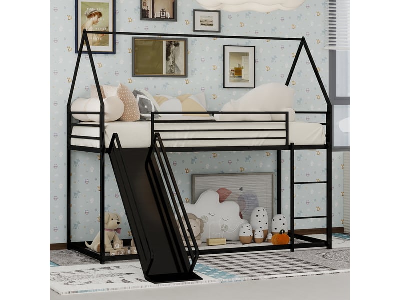  Lit superposé 90x190 cm forme maison avec toboggan, métal, noir, sans matelas  - Conforama W
