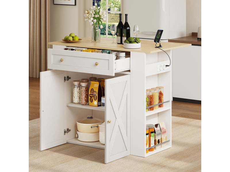  Îlot de cuisine avec plateau rabattable et prises usb - lpospi - 2 portes, mdf blanc, 120 × 75 × 97 cm  - Conforama C