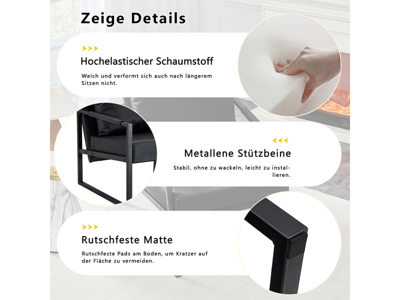  Fauteuil de lecture avec accoudoirs et coussins rembourrés, structure métallique et similicuir noir, 79×65×28 cm  - Conforama E