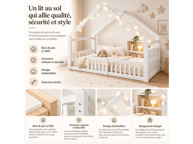 Lit cabane enfant 90 x 190 cm en pin avec guirlande led, barrières et étagères latérales de rangement, gain de place, blanc - Conforama D