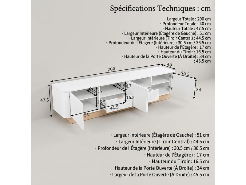  Meuble tv blanc 200 cm avec 4 portes, étagères réglables et coins arrondis  - Conforama C